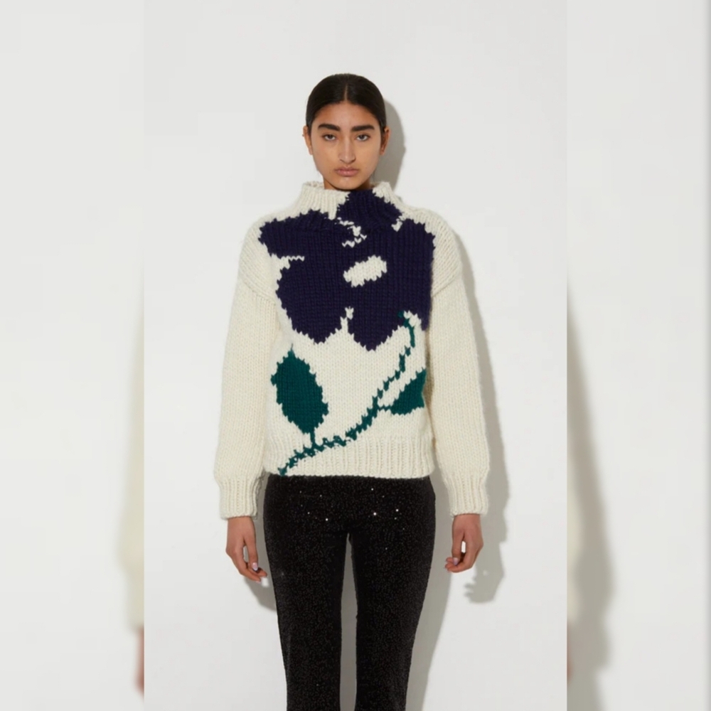 Free People Maiami Intarsia‎ Flower Pullover Merino Wool Sweater Ivory Size M/L